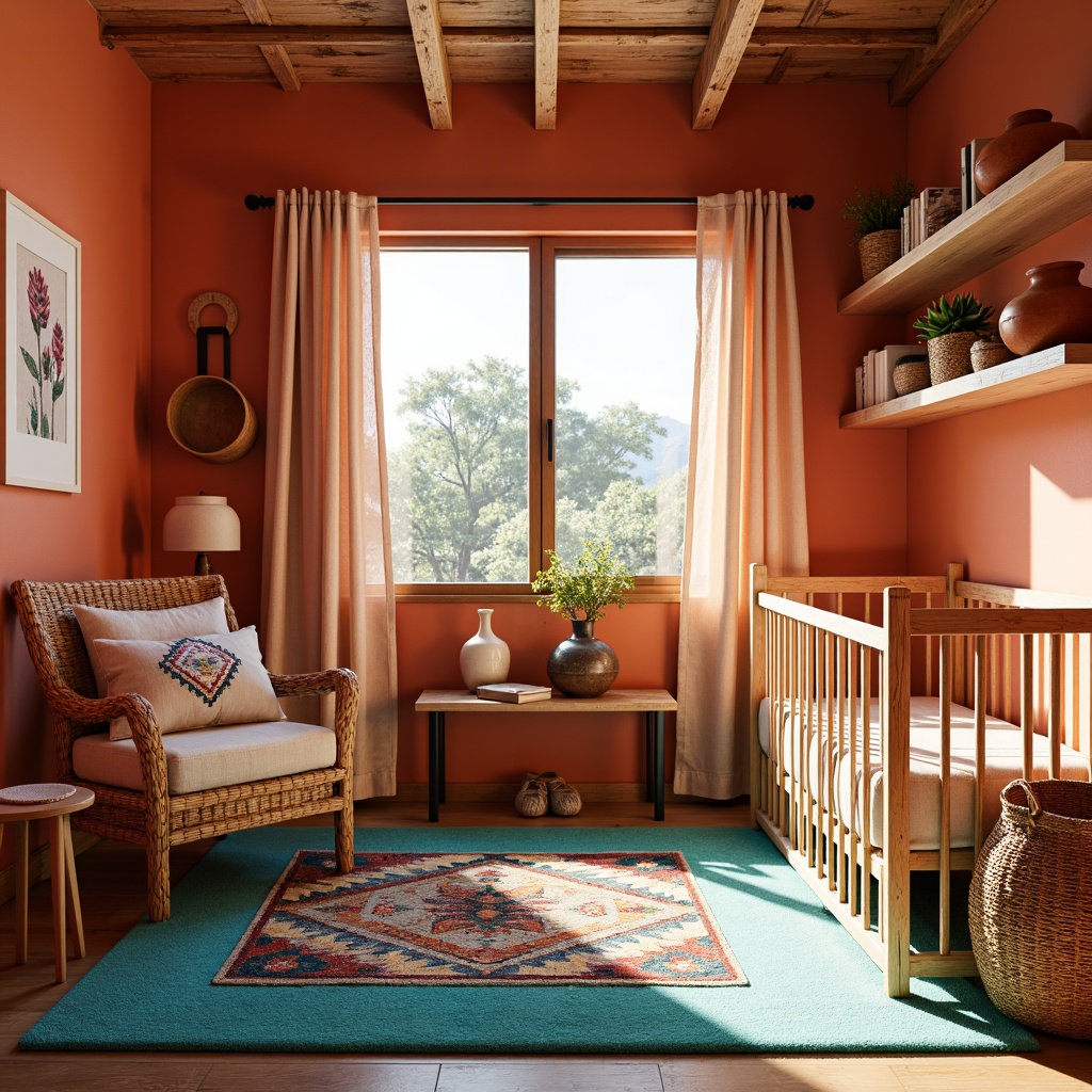 Prompt: Vibrant southwestern baby room, warm terracotta walls, natural wood crib, woven wicker furniture, plush turquoise area rug, soft peach curtains, embroidered Native American-inspired textiles, colorful Aztec patterns, geometric shapes, tribal motifs, creamy white accents, rustic wooden shelves, woven baskets, earthy pottery vases, sunny afternoon light, soft focus, shallow depth of field, 1/1 composition, warm color palette.