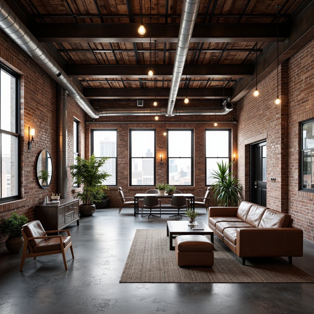 Prompt: Exposed brick walls, industrial metal beams, polished concrete floors, reclaimed wood accents, metal grid ceilings, functional overhead lighting, urban loft atmosphere, modern minimalist decor, sleek steel furniture, Edison bulb fixtures, distressed leather upholstery, vintage manufacturing equipment, exposed ductwork, city skyline views, large warehouse windows, natural industrial textures, soft warm lighting, shallow depth of field, 2/3 composition, realistic ambient occlusion.