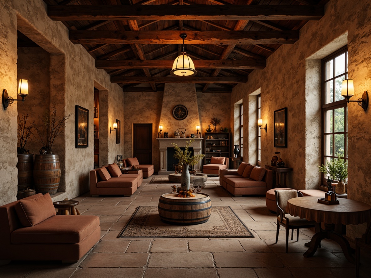 Prompt: Rustic winery interior, distressed stone walls, wooden barrel accents, earthy color palette, vintage wine-making equipment, dim warm lighting, cozy nooks, plush furnishings, ornate metalwork, traditional Tuscan-inspired decor, large wooden beams, rough-hewn stone flooring, soft candlelight, intimate ambiance, 1/1 composition, realistic textures, ambient occlusion.