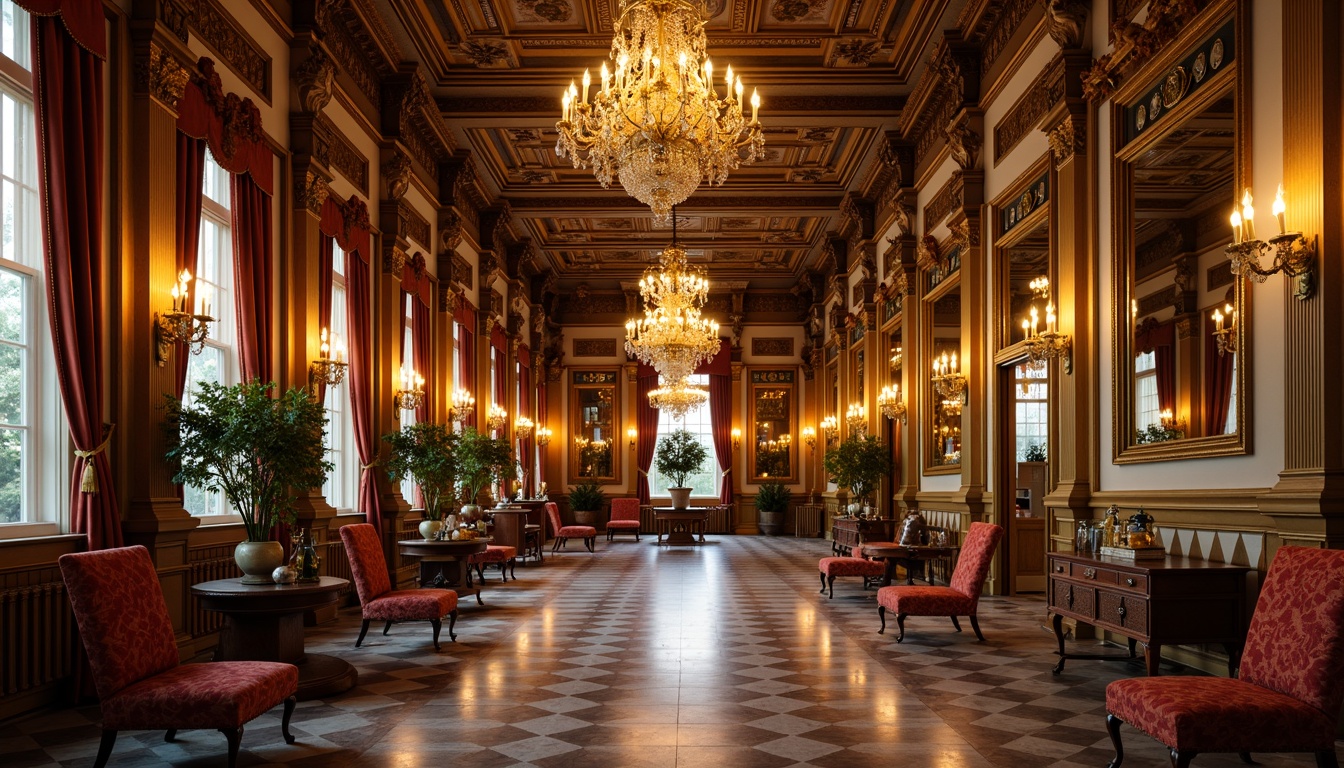 Prompt: Ornate palace, grand chandeliers, lavish furnishings, intricately carved wooden furniture, gilded accents, velvet upholstery, ornamental mirrors, marble floors, rich tapestries, regal atmosphere, warm golden lighting, shallow depth of field, 1/2 composition, symmetrical balance, realistic textures, ambient occlusion.