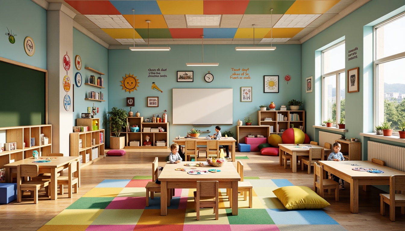 Prompt: Colorful kindergarten classroom, wooden tables and chairs, soft cushions, educational toys, building blocks, puzzles, alphabet carpets, interactive whiteboards, ergonomic desks, adjustable shelving units, vibrant color schemes, rounded edges, safe materials, natural light, warm atmosphere, cozy reading nooks, comfortable bean bags, inspirational quotes, engaging wall decorations, 1/1 composition, shallow depth of field, softbox lighting, realistic textures.