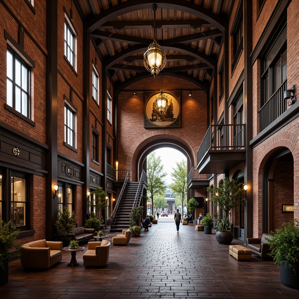 Prompt: Rustic train station, industrial-chic finishes, distressed wood accents, exposed brick walls, vintage metal lanterns, ornate ironwork details, grand archways, sweeping staircases, rich leather upholstery, elegant chandeliers, warm soft lighting, shallow depth of field, 1/1 composition, panoramic view, realistic textures, ambient occlusion.