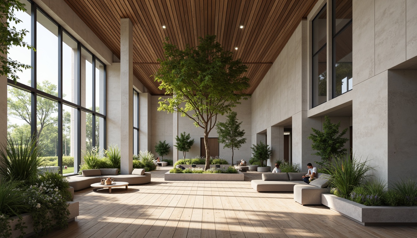 Prompt: Calming interior space, sound-absorbing acoustic panels, soft gray tones, wooden flooring, comfortable seating areas, lush greenery, floor-to-ceiling windows, natural light, minimalist decor, cozy reading nooks, warm beige walls, sleek metal frames, subtle ambient lighting, 1/2 composition, shallow depth of field, realistic textures, ambient occlusion.