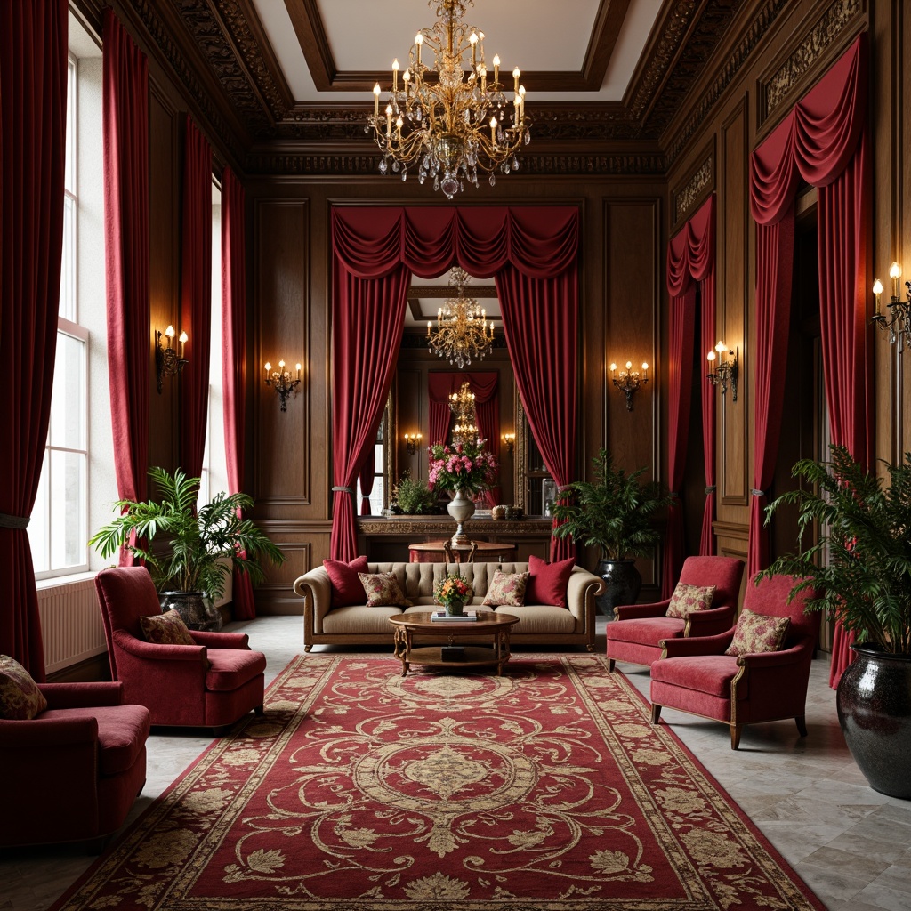 Prompt: Luxurious velvet fabrics, rich jewel-toned colors, ornate golden patterns, subtle sheen, soft warm lighting, classic interior design, opulent furnishings, intricately carved wooden accents, lavish drapery, heavy silk curtains, elegant crystal chandeliers, refined marble floors, sophisticated wall paneling, vintage decorative accessories, distressed leather armchairs, ornamental metalwork, subtle texture overlays, realistic material renderings, atmospheric ambient occlusion.