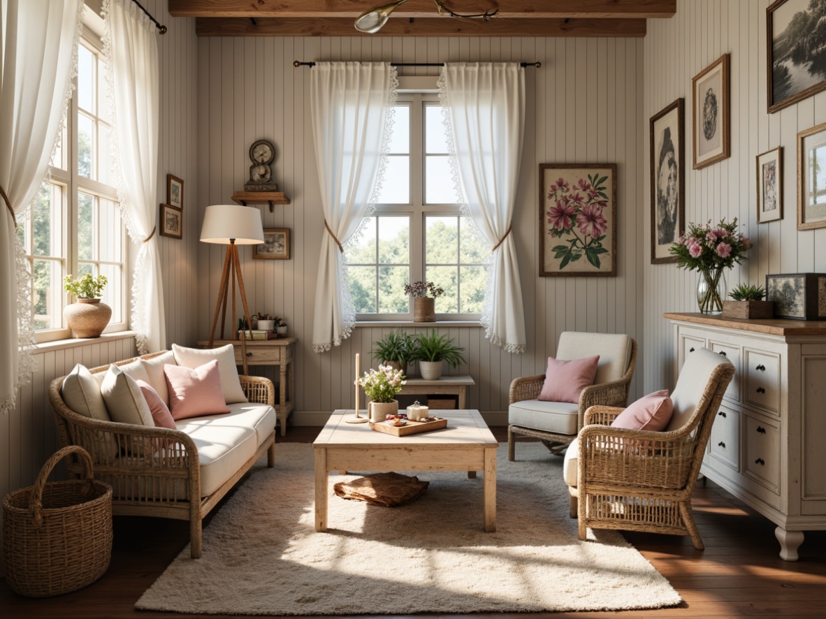 Prompt: Distressed wooden furniture, soft pastel colors, vintage decorations, lace curtains, rustic metal accents, woven baskets, plush area rugs, antique accessories, natural textiles, floral patterns, distressed finishes, warm candlelight, 3/4 composition, shallow depth of field, cozy atmosphere, inviting spaces, romantic ambiance.Let me know if you need any adjustments!