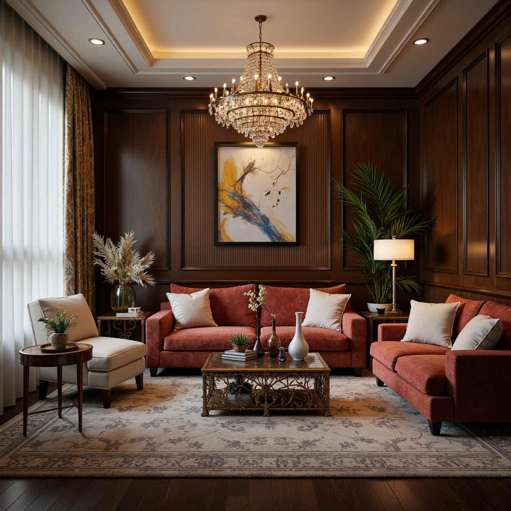 Prompt: Luxurious living room, velvet sofa, ornate coffee table, crystal chandelier, rich wood paneling, elegant curtains, subtle patterned rug, golden accents, ambient soft lighting, shallow depth of field, 1/1 composition, realistic textures, warm color palette, inviting atmosphere, comfortable seating area, stylish decorative vases, exotic plants, modern abstract artwork.