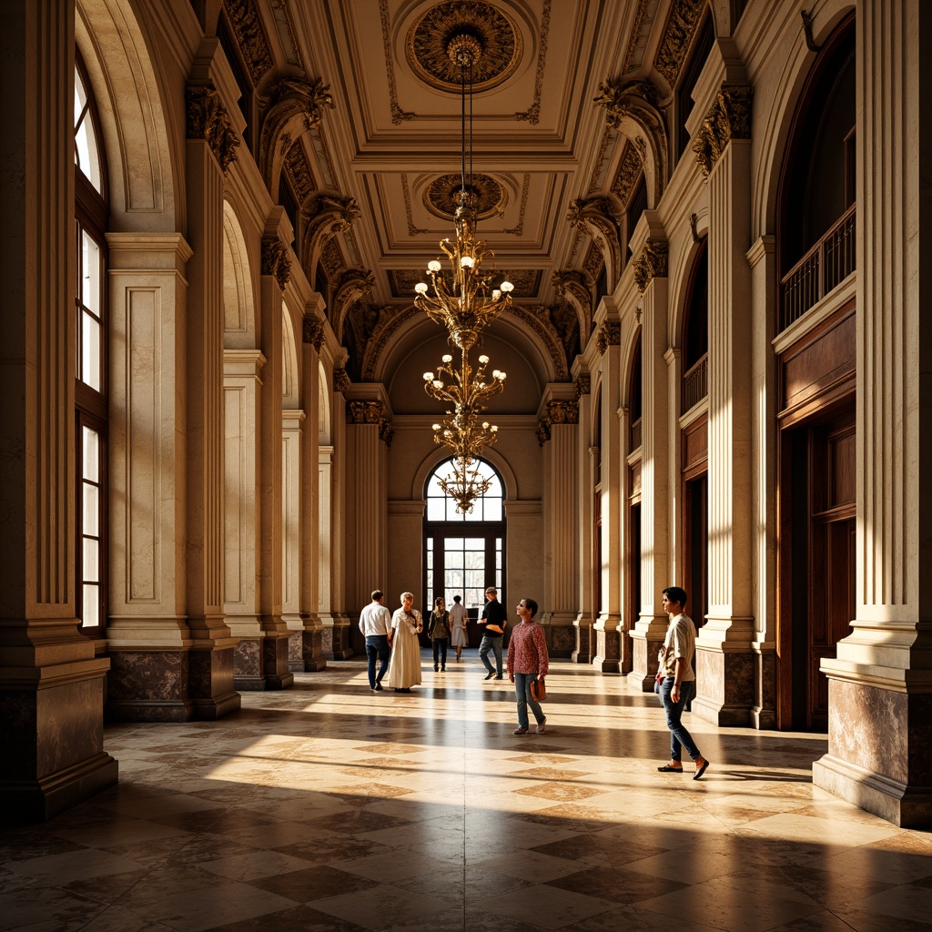 Prompt: Grandiose hall, ornate columns, Corinthian capitals, fluted shafts, polished marble bases, intricate carvings, gilded details, lavish chandeliers, high ceilings, symmetrical architecture, classical proportions, richly textured walls, warm golden lighting, shallow depth of field, 2/3 composition, dramatic shadows, realistic reflections.