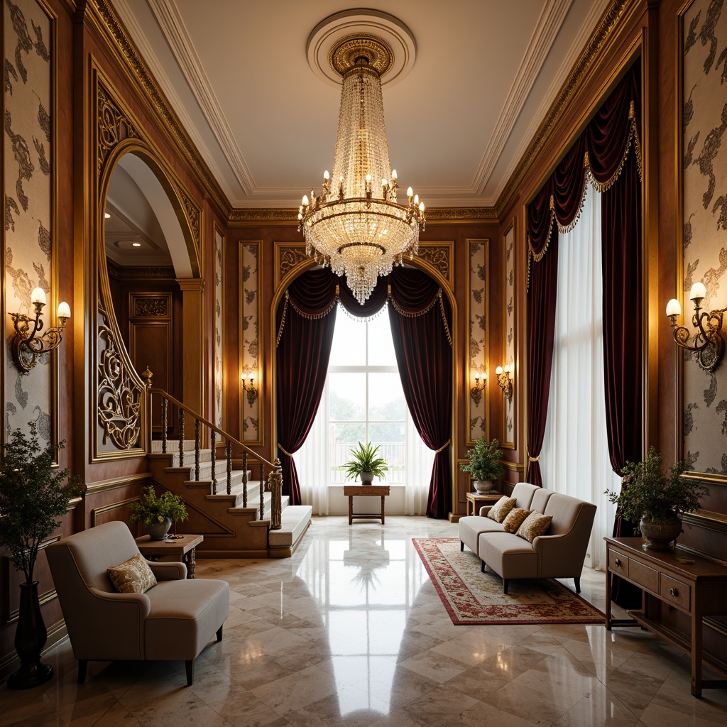 Prompt: Luxurious entrance hall, ornate moldings, grand staircase, crystal chandelier, marble flooring, elegant furnishings, velvet drapes, golden accents, intricate carvings, regal atmosphere, soft warm lighting, shallow depth of field, 1/1 composition, realistic textures, ambient occlusion.