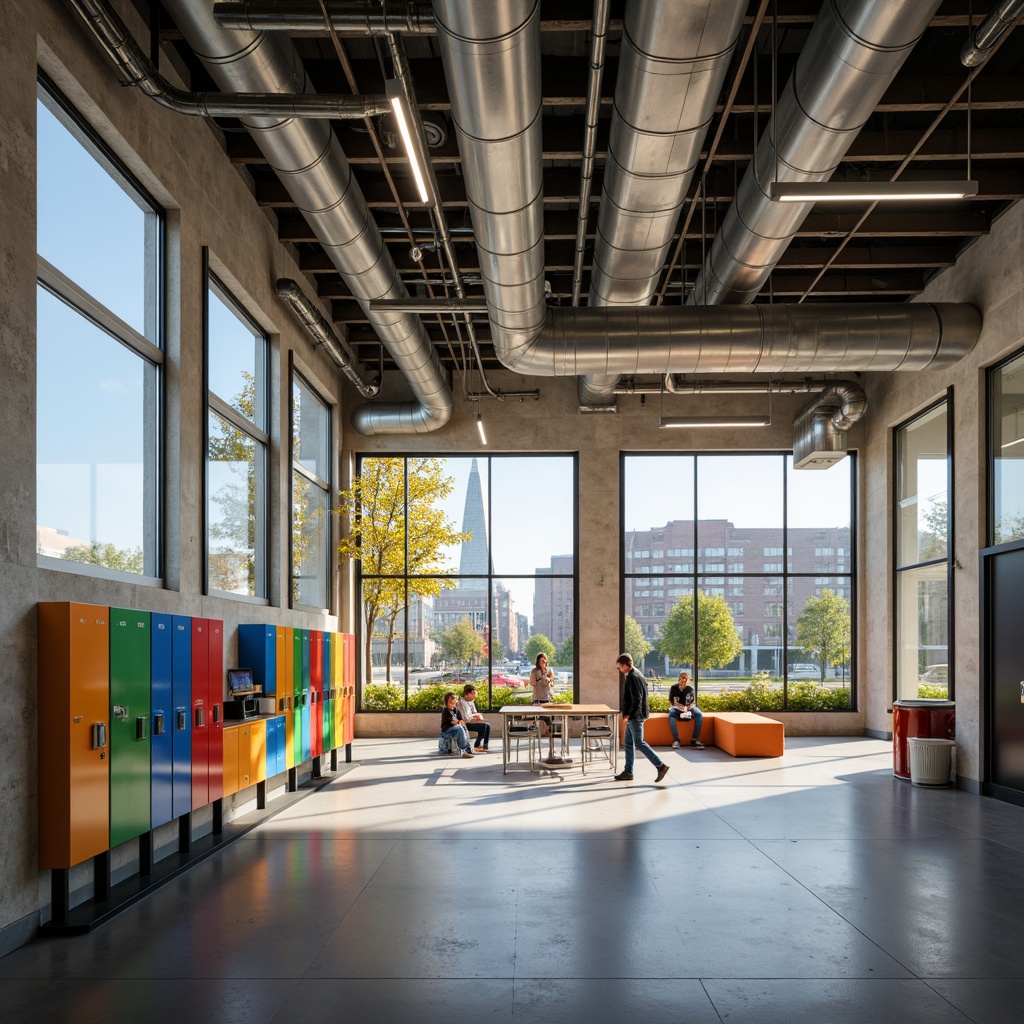 Prompt: Exposed ductwork, polished concrete floors, industrial metal beams, modern high school interior, vibrant colorful lockers, sleek glass partitions, minimalist classroom design, collaborative learning spaces, eco-friendly materials, natural light pouring in, soft warm lighting, shallow depth of field, 3/4 composition, realistic textures, ambient occlusion, urban cityscape views, bustling streets, morning sunlight, dynamic camera angles, cinematic feel.