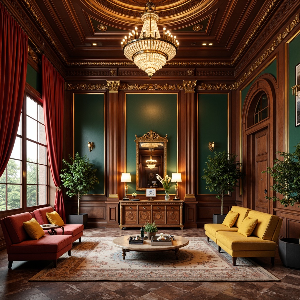 Prompt: Luxurious office space, rich wood tones, ornate furnishings, velvety drapes, gilded accents, dramatic chandeliers, intricate carvings, sumptuous fabrics, jewel-toned color palette, emerald green walls, crimson red furniture, golden yellow upholstery, lavish marble floors, crystal clear glass doors, opulent velvet drapes, soft warm lighting, shallow depth of field, 2/3 composition, cinematic perspective, realistic textures, ambient occlusion.