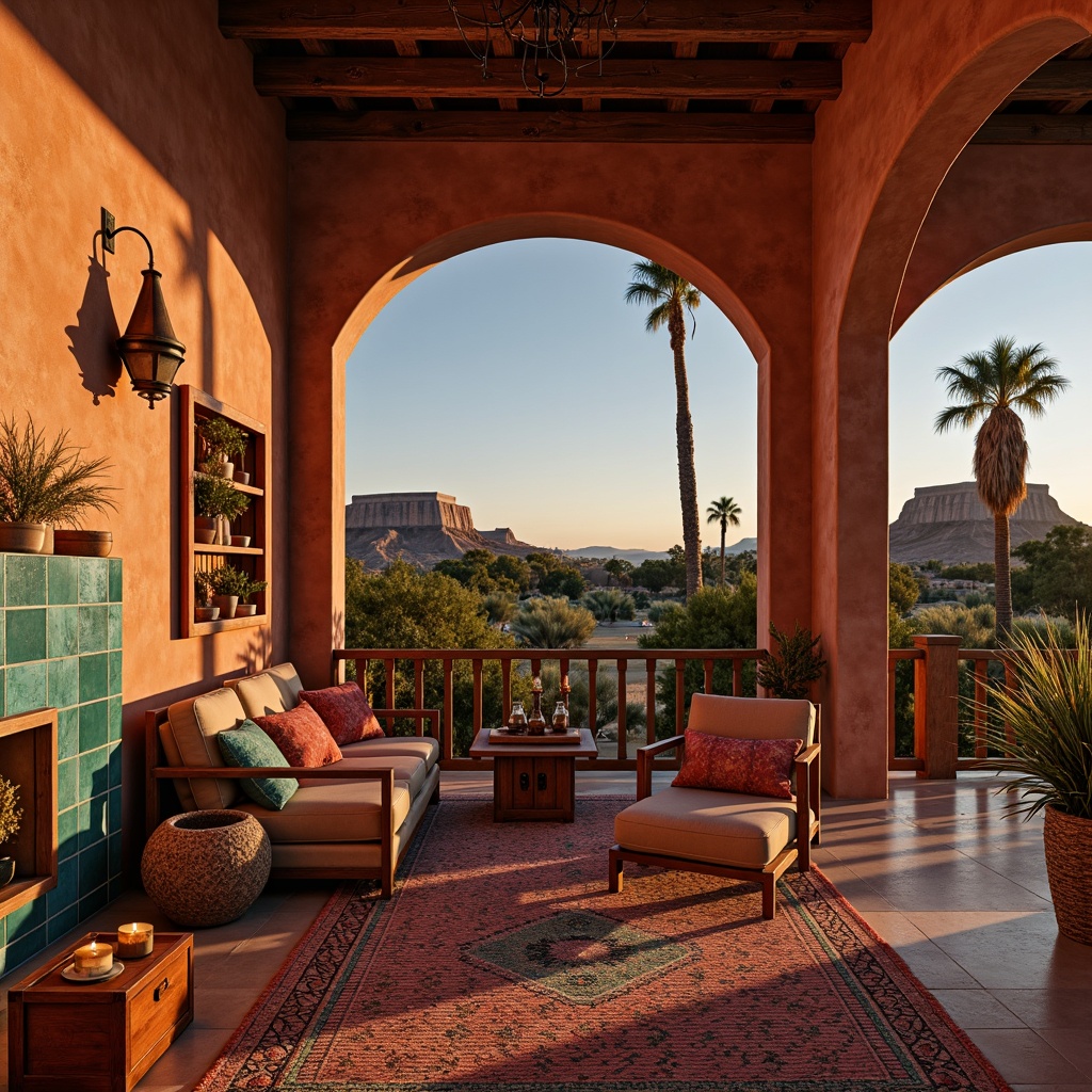 Prompt: Vibrant southwestern decor, rustic wooden accents, earthy terracotta tones, woven textiles, natural fiber rugs, turquoise and coral hues, geometric patterns, tribal-inspired motifs, warm candlelight, soft ambient glow, pendant lanterns, wrought iron chandeliers, distressed metal fixtures, ceramic tile backsplashes, Moroccan-inspired tiles, arched doorways, stucco walls, desert landscape views, clear blue skies, dramatic sunsets, warm golden lighting, high contrast ratios, 3/4 composition, realistic textures, ambient occlusion.