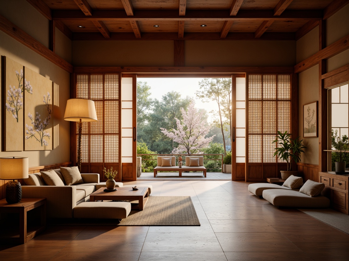 Prompt: \Traditional Japanese sliding doors, natural wood accents, woven bamboo panels, intricate paper lanterns, hand-painted silk wallpapers, delicate cherry blossom patterns, soft warm lighting, shallow depth of field, 3/4 composition, panoramic view, realistic textures, ambient occlusion.\