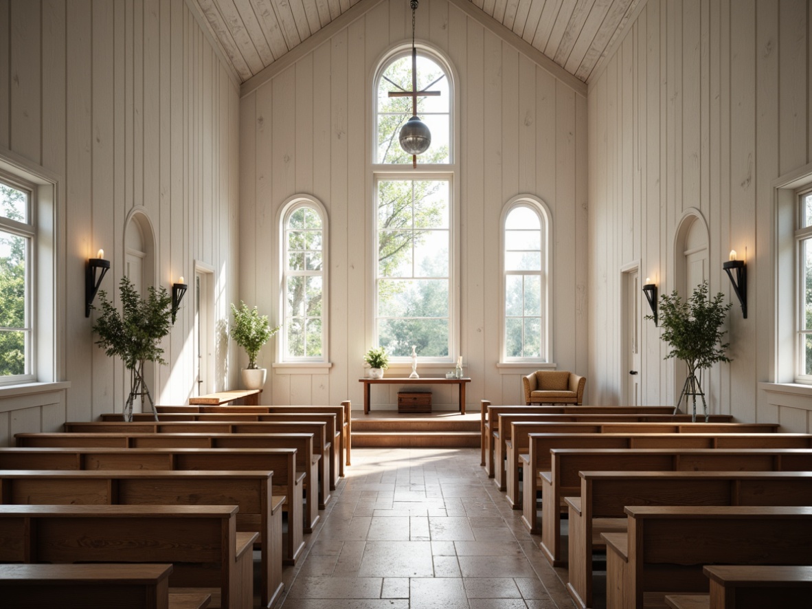 Prompt: Whitewashed wooden churches, Nordic minimalism, rustic stone walls, steeply pitched roofs, slender bell towers, wooden pews, cream-colored candles, natural light pouring through stained glass windows, serene forest surroundings, misty morning atmosphere, warm soft lighting, shallow depth of field, 3/4 composition, symmetrical framing, realistic textures, ambient occlusion.