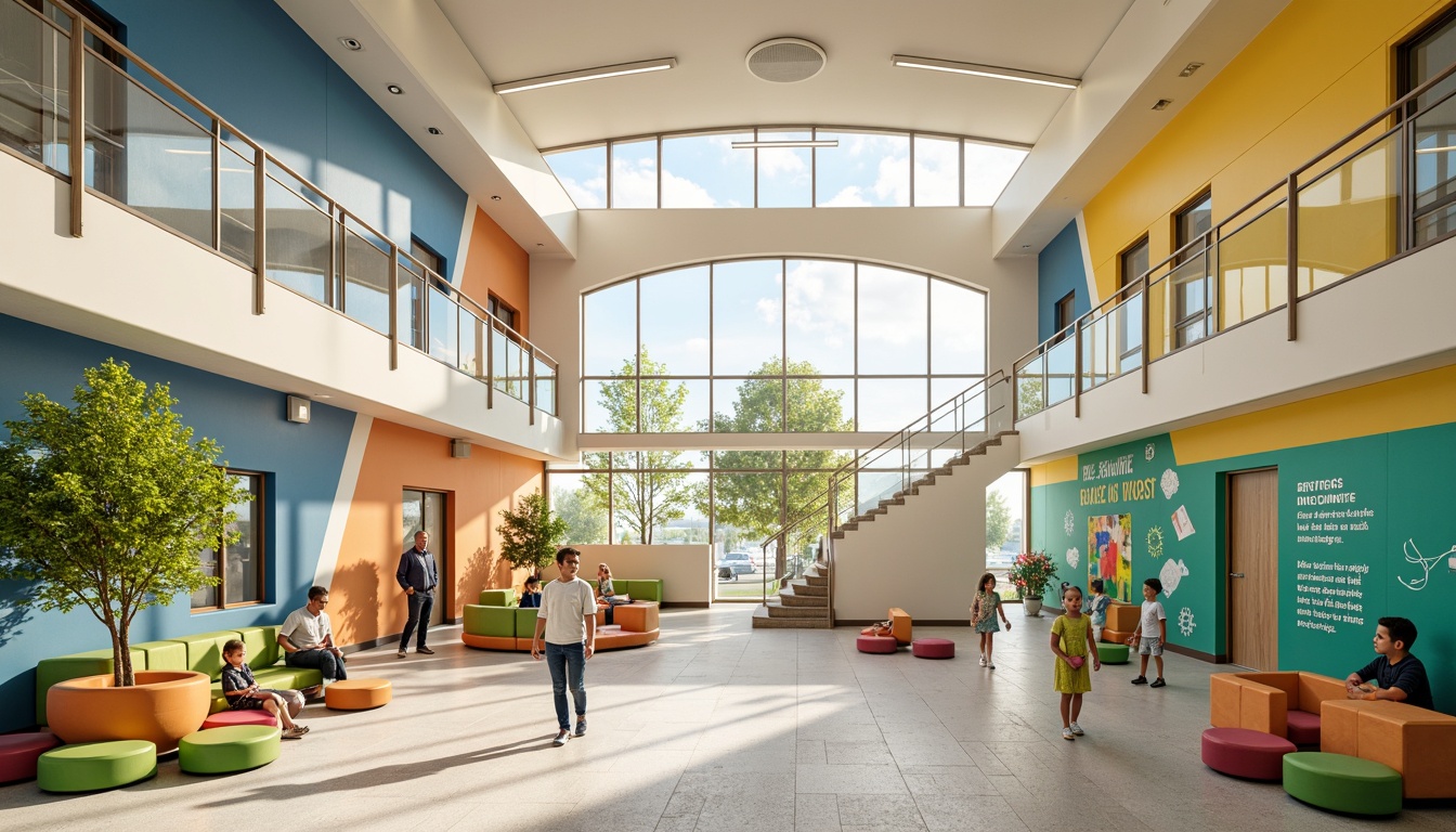 Prompt: Vibrant elementary school building, curved lines, minimalist design, large windows, natural light, bright color scheme, warm beige walls, calming blue accents, energetic yellow highlights, playful green murals, educational signage, modern furnishings, sleek metal railings, polished concrete floors, open classrooms, collaborative learning spaces, flexible seating areas, inspiring quotes, motivational artwork, abundant natural textures, shallow depth of field, 1/1 composition, soft warm lighting, realistic reflections.