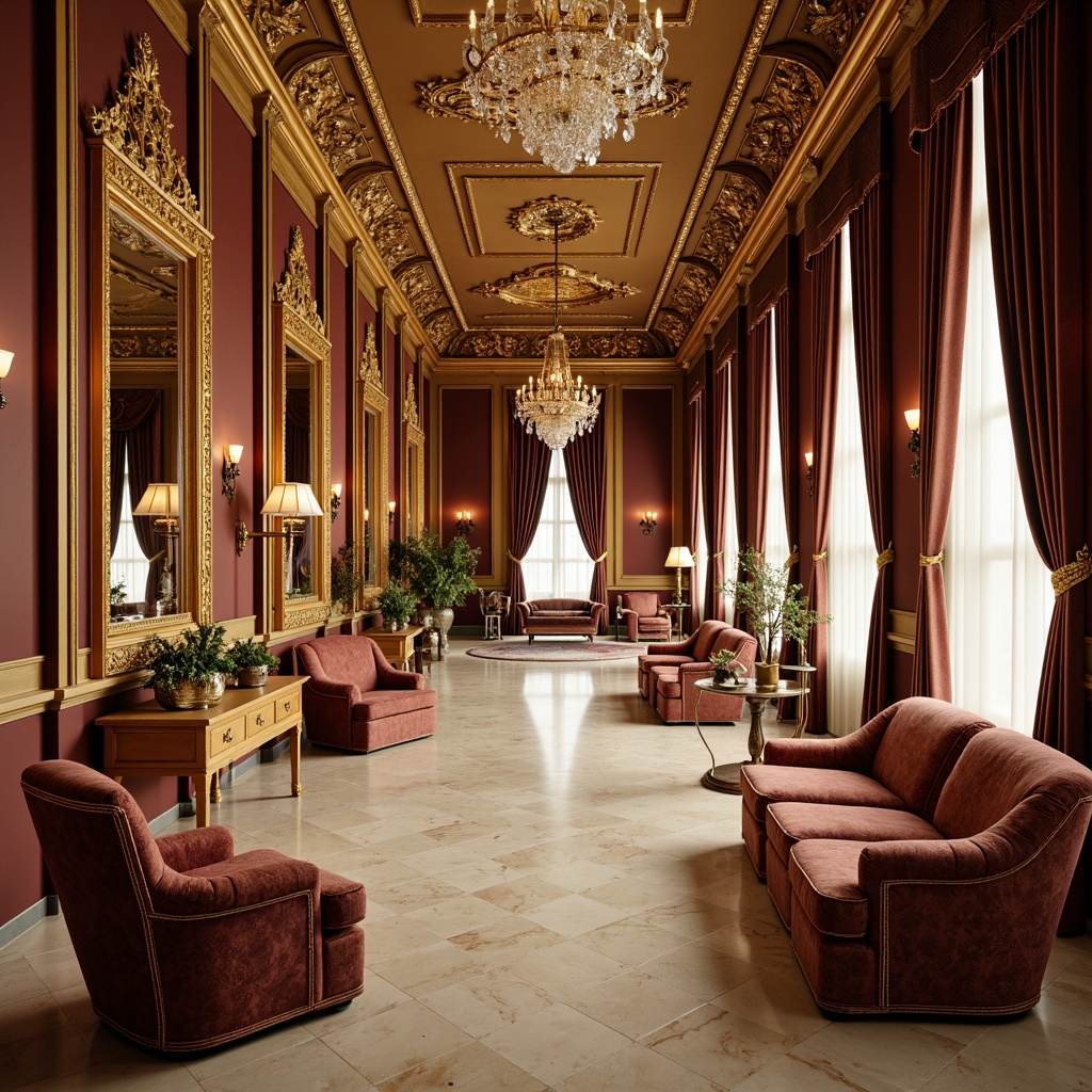 Prompt: Luxurious interior space, ornate Rococo style, intricately carved wooden panels, gilded moldings, soft warm lighting, velvet drapes, richly patterned fabrics, Baroque-inspired mirrors, crystal chandeliers, creamy marble floors, opulent furnishings, lavish decorations, subtle texture gradations, shallow depth of field, 1/1 composition, warm color palette, soft focus, realistic reflections.