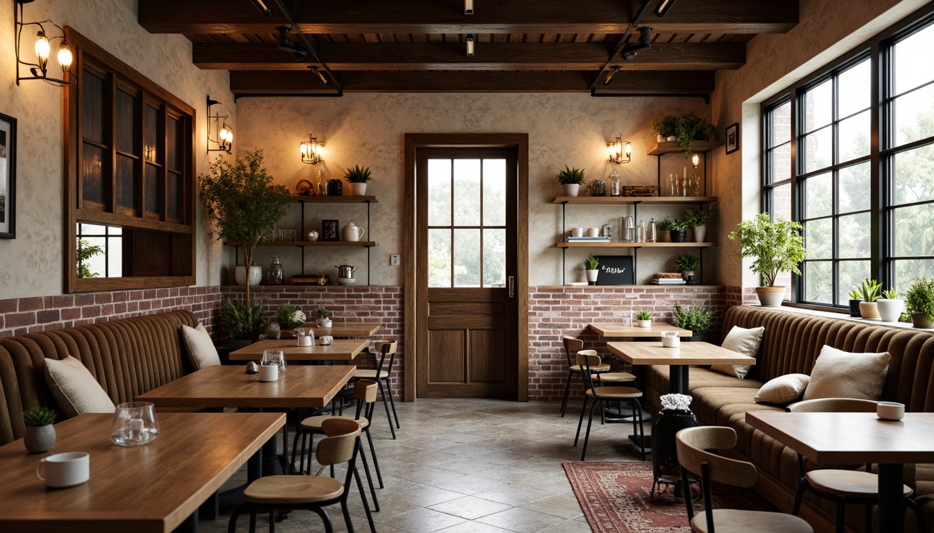 Prompt: Cozy farmhouse-style coffee shop, rustic wooden tables, vintage metal chairs, plush velvet sofas, distressed wood accents, natural stone flooring, reclaimed barn wood walls, earthy tone color palette, warm candlelight, potted greenery, industrial metal lighting fixtures, exposed brick ceilings, wooden beam supports, comfortable pillows, soft blankets, antique decorative items, rustic metal decorations, warm beige tones, creamy whites, rich browns, shallow depth of field, 1/1 composition, soft warm lighting, realistic textures, ambient occlusion.