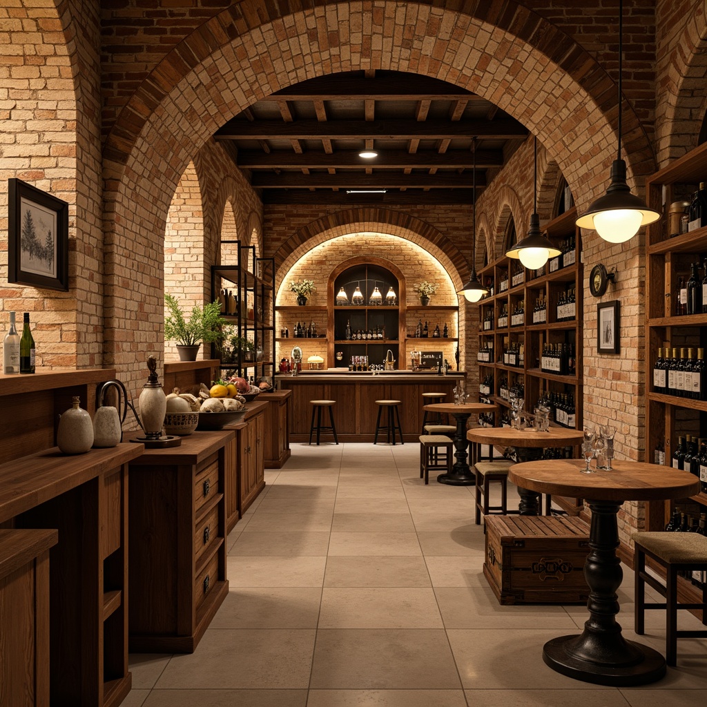 Prompt: Cozy wine cellar, rustic wooden crates, vintage wine barrels, soft warm ambiance, dimmable pendant lights, exposed brick walls, earthy tone flooring, reclaimed wood shelves, wrought iron accents, ornate metalwork, ambient candlelight, rich wood paneling, warm beige colors, intimate seating areas, rustic stone archways, dramatic ceiling heights, subtle LED strip lighting, industrial chic decor, eclectic vintage items.