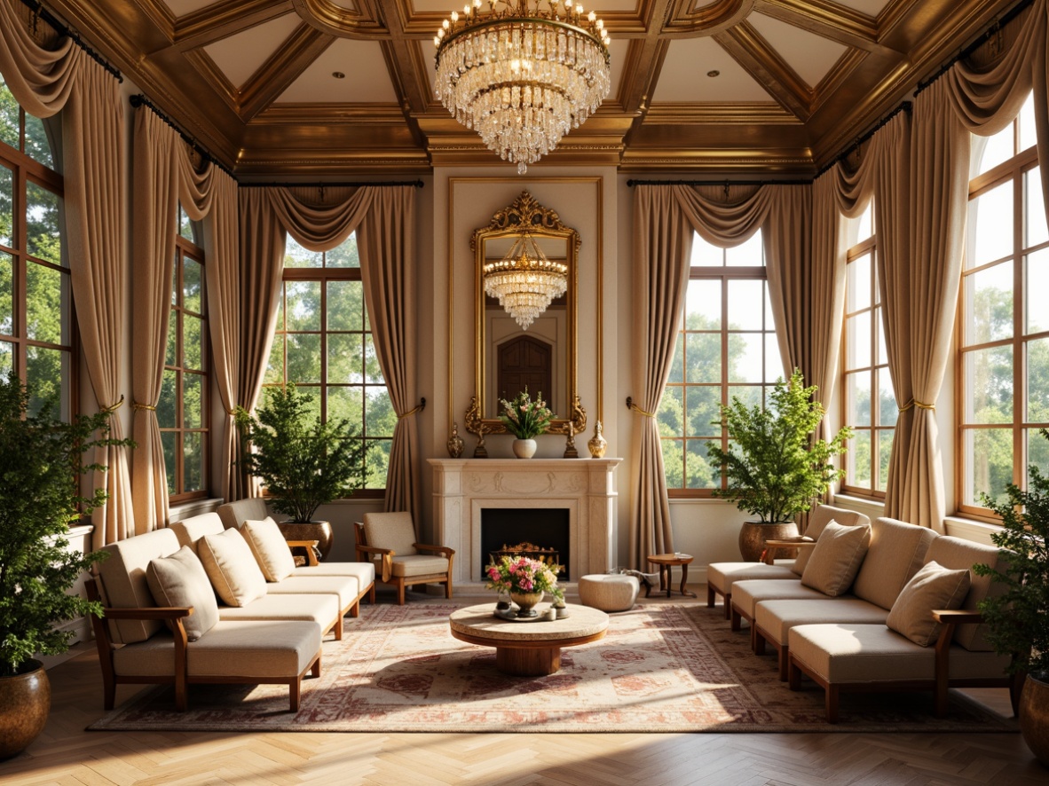 Prompt: Opulent sunroom, lavish furnishings, ornate chandeliers, crystal prisms, golden accents, velvet drapes, rich wood paneling, intricate carvings, grandiose mirrors, soft warm glow, delicate filigree, majestic archways, Baroque-inspired architecture, luxurious textiles, regal ambiance, warm beige tones, subtle shadowing, 1/2 composition, shallow depth of field, realistic rendering.