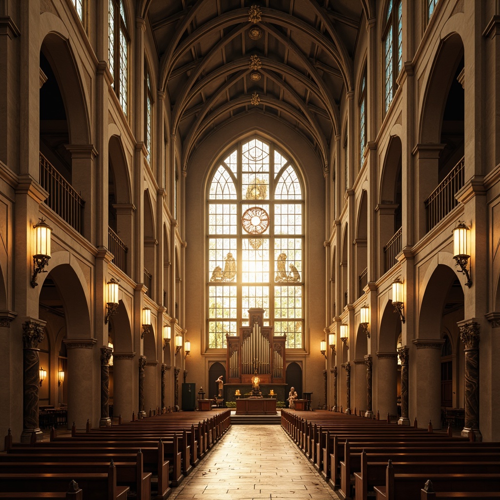 Prompt: Ethereal cathedral, stained glass windows, warm golden light, subtle ambient glow, ornate chandeliers, suspended lanterns, soft candlelight, peaceful atmosphere, high ceilings, grand architecture, intricate stone carvings, ornate wooden pews, majestic pipe organs, spiritual ambiance, serene natural lighting, divine inspiration, vertical composition, dramatic shadows, realistic textures.