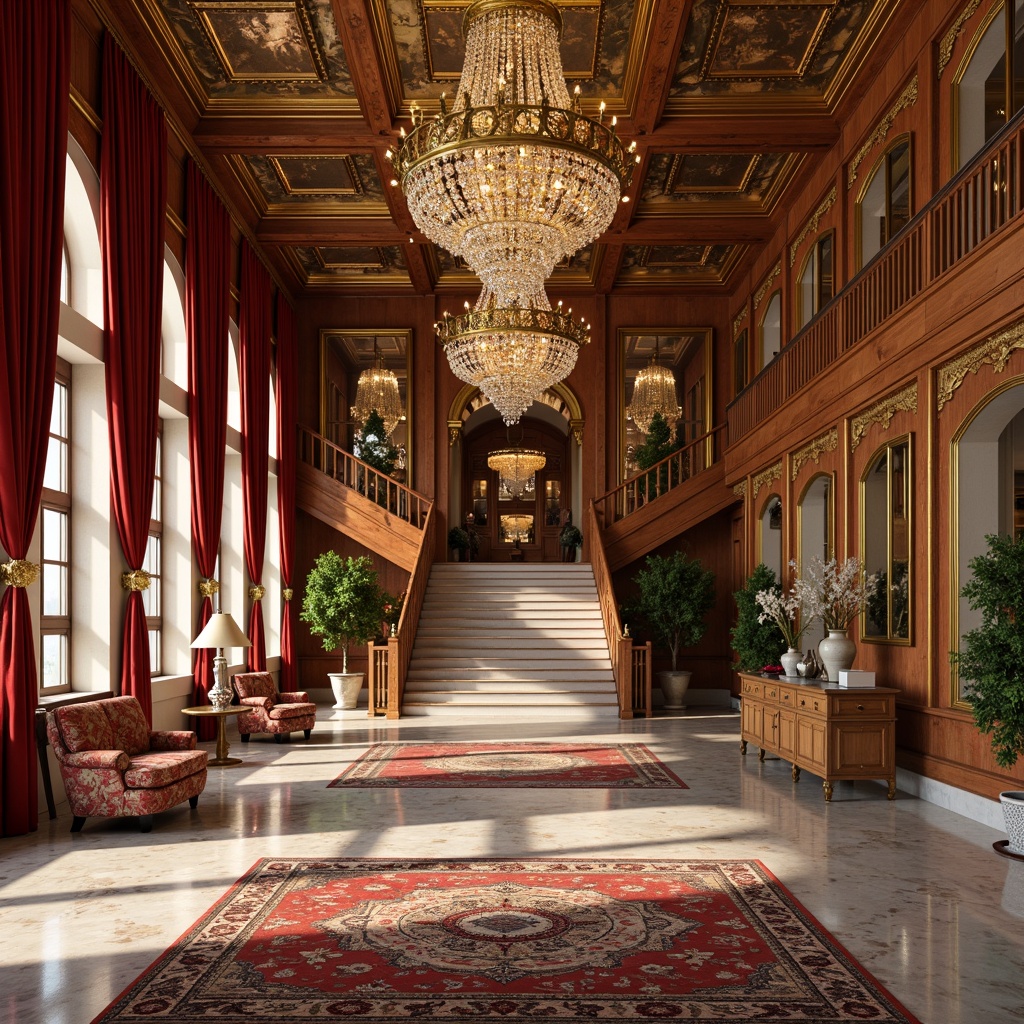 Prompt: Ornate chandeliers, luxurious velvet drapes, polished marble floors, gilded mirrors, intricately carved wooden furniture, vibrant floral patterns, plush area rugs, crystal door handles, ornamental vases, decorative sculptures, lavish fountains, grand staircases, warm golden lighting, shallow depth of field, 1/1 composition, realistic textures, ambient occlusion.