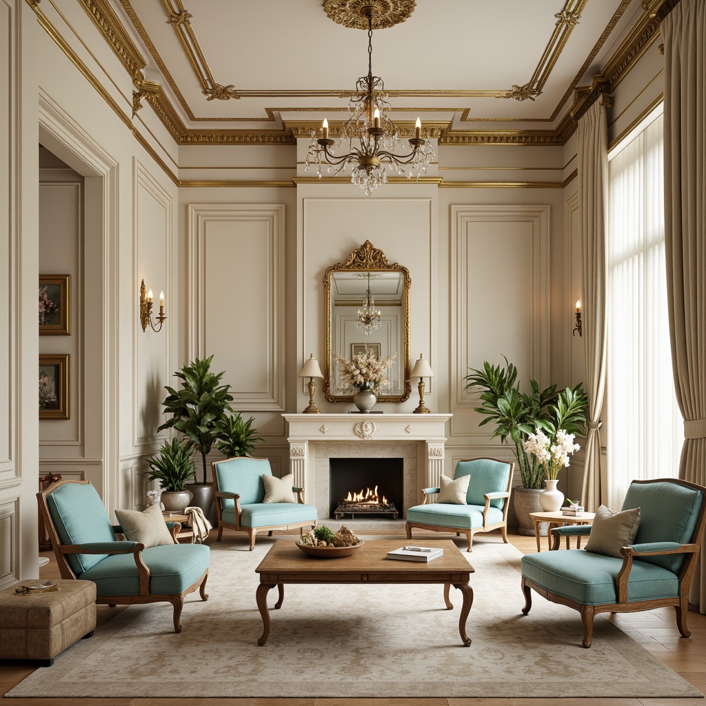 Prompt: Elegant neoclassical interior, creamy white walls, rich wood tones, ornate gold accents, subtle beige marble, soft velvety fabrics, luxurious silk textiles, muted turquoise hues, warm caramel colors, intricate moldings, refined proportions, symmetrical compositions, soft natural light, delicate crystal chandeliers, ornate mirrors, classic furniture pieces, subtle patterned rugs, ambient warm glow, shallow depth of field, 1/1 composition.