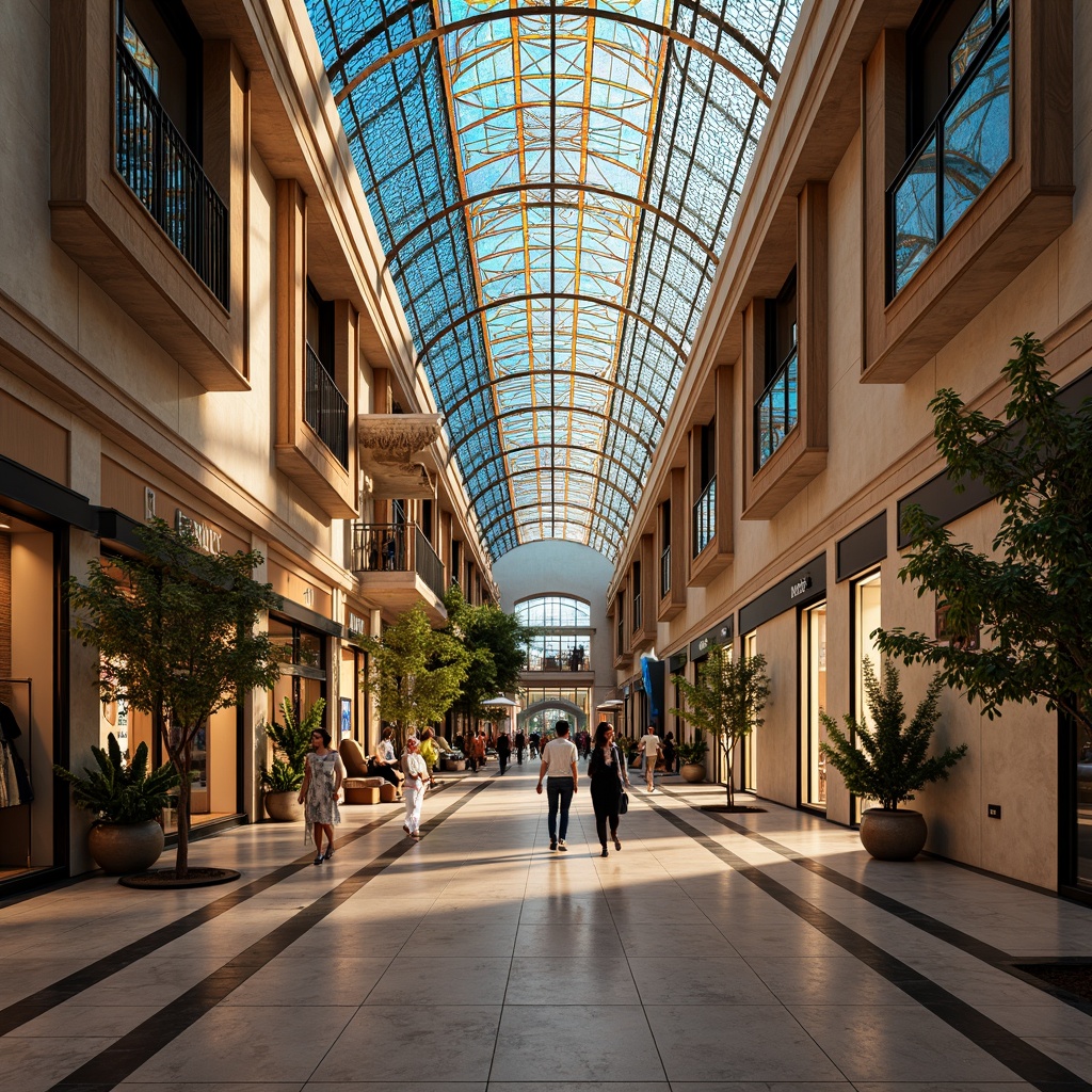 Prompt: Vibrant shopping mall, colorful stained glass ceiling, intricate geometric patterns, warm natural light, luxurious high-end retail stores, elegant fashion boutiques, sleek modern architecture, polished marble floors, ornate metal railings, lush green indoor plants, comfortable seating areas, soft ambient lighting, shallow depth of field, 1/1 composition, realistic reflections, atmospheric perspective.