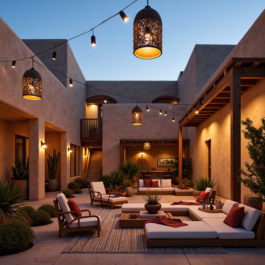 Prompt: Warm pendant lanterns, rustic metal shades, earthy terracotta tones, woven rattan details, natural linen textures, distressed wooden accents, vintage copper fixtures, desert-inspired cacti silhouettes, sandy beige hues, soft warm glow, ambient lighting effects, dramatic shadows, southwestern architectural style, adobe-style buildings, arid landscape, clear blue sky, vast open spaces, rustic outdoor furniture, woven blankets, earthy pottery.