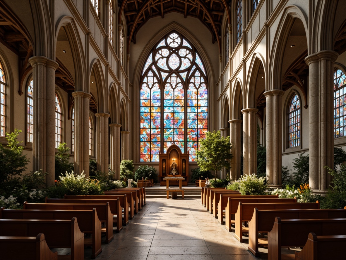 Prompt: Elegant Christian church, intricately designed stained glass windows, vibrant colorful patterns, Gothic arches, ornate stone carvings, grandiose entranceways, wooden pews, sacred altarpieces, reverent atmosphere, soft warm lighting, dramatic shading, realistic textures, ambient occlusion, 1/1 composition, symmetrical view, serene surroundings, lush greenery, blooming flowers, sunny day.