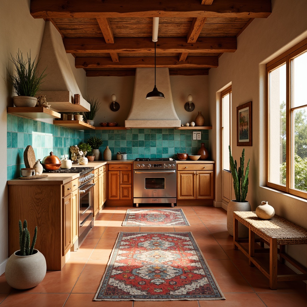 Prompt: Earthy southwestern kitchen, warm terracotta floors, rustic wooden cabinets, turquoise glass tiles, natural stone countertops, woven wicker furniture, vibrant colorful textiles, geometric patterned rugs, earthy ceramic vases, cactus-inspired decorative accents, warm golden lighting, shallow depth of field, 1/1 composition, realistic textures, ambient occlusion.