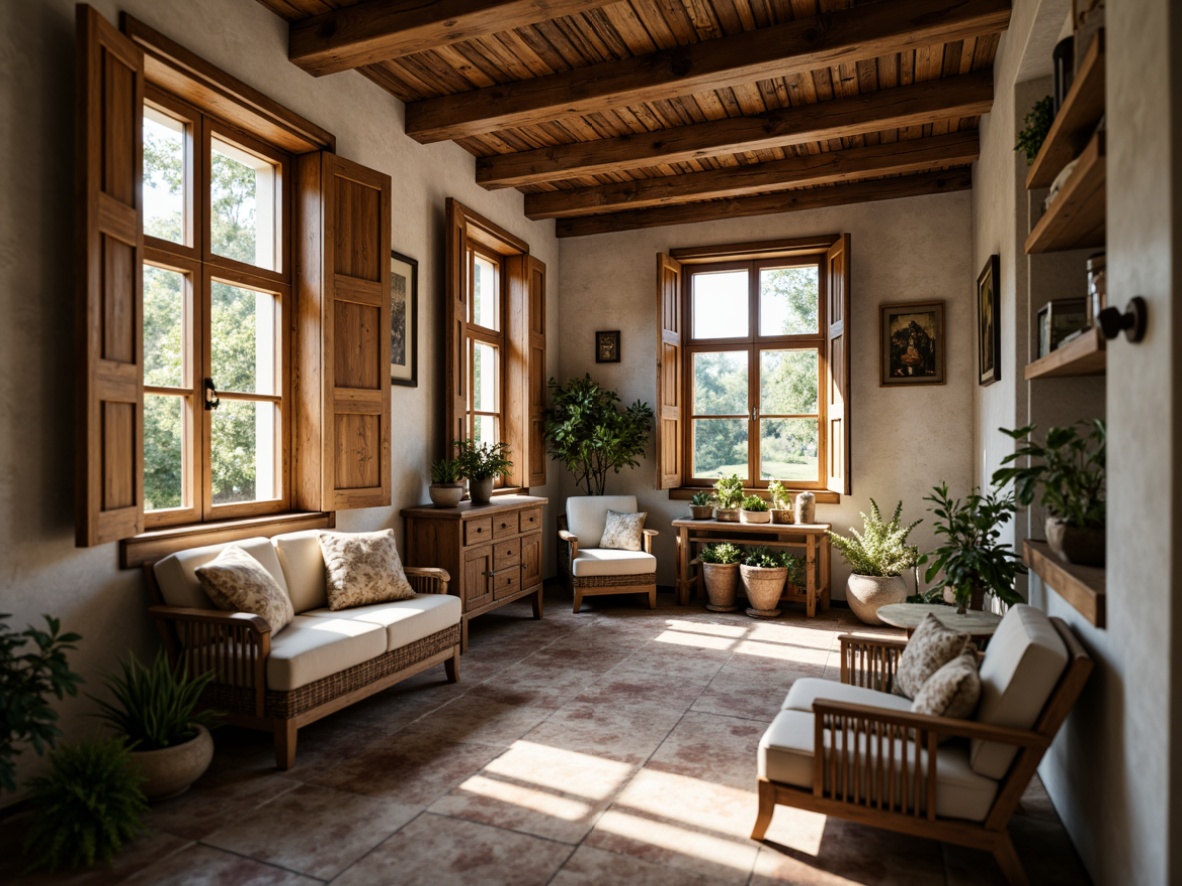 Prompt: Rustic farmhouse, wooden shutters, vintage window frames, distressed finishes, earthy color palette, natural textures, reclaimed wood accents, country-style decor, floral patterns, soft warm lighting, shallow depth of field, 1/2 composition, cozy interior atmosphere, panoramic views, realistic wood grains, ambient occlusion.