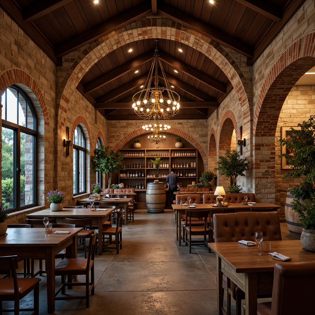 Prompt: Rustic winery interior, wooden wine barrels, vintage oak tables, distressed leather armchairs, reclaimed wood shelves, earthy color palette, stone walls, brick archways, ornate metal chandeliers, dim warm lighting, soft focus, shallow depth of field, 1/1 composition, realistic textures, ambient occlusion.