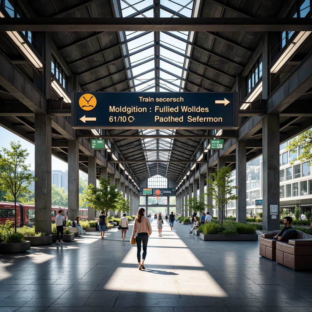 Prompt: Modern train station, sleek metal signage, clear typography, vibrant color scheme, directional arrows, platform indicators, real-time departure boards, intuitive navigation, ample natural light, polished marble floors, stainless steel handrails, comfortable seating areas, lush greenery, ambient lighting, shallow depth of field, 1/1 composition, realistic textures, subtle reflections.