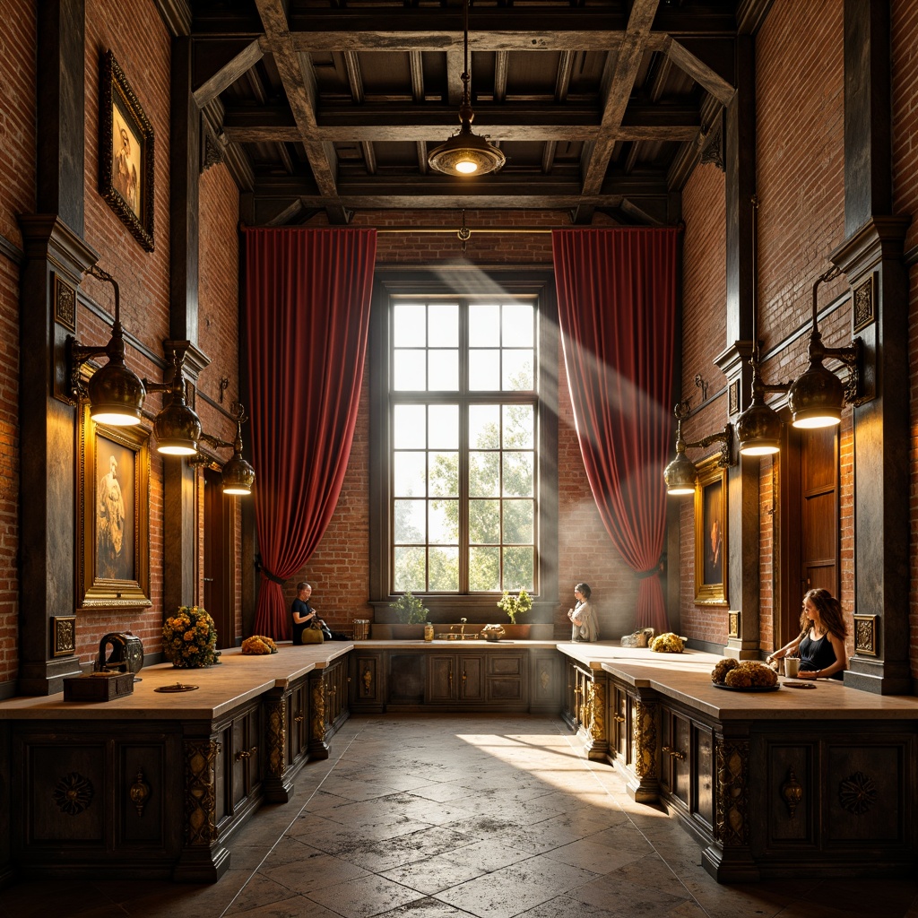 Prompt: Richly ornamented factory interior, distressed brick walls, industrial metal beams, lavish velvet drapes, ornate gilded frames, intricate carvings, luxurious marble countertops, warm golden lighting, soft focus, atmospheric mist, 1/2 composition, dramatic shadows, rich textures, ambient occlusion.