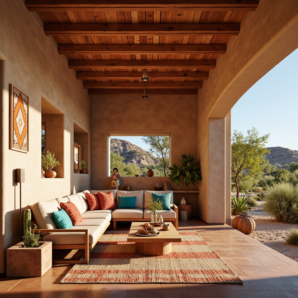 Prompt: Southwestern-inspired interior, earthy tone flooring, terracotta tiles, rustic wooden planks, woven natural fiber rugs, vibrant turquoise accents, warm beige stucco walls, traditional Native American patterns, geometric shapes, bold red and orange hues, sunny desert landscape views, large windows with minimal frames, soft warm lighting, shallow depth of field, 3/4 composition, realistic textures, ambient occlusion.