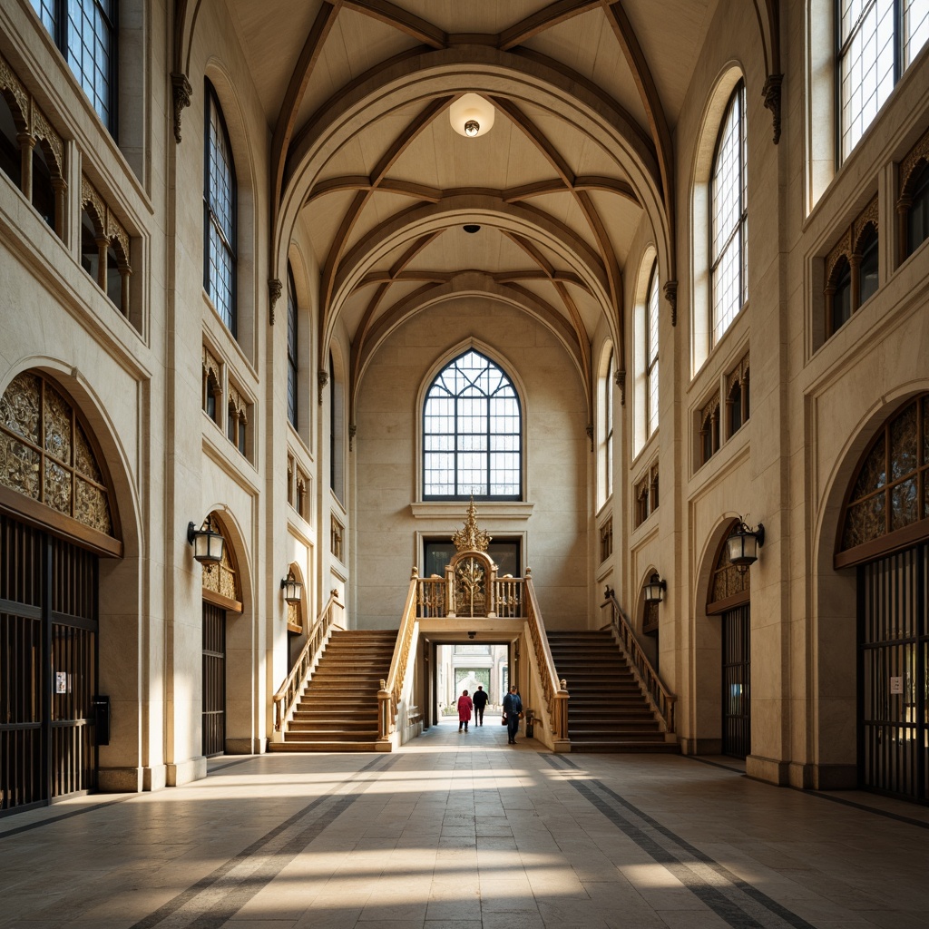 Prompt: Grand hospital entrance, pointed arches, ribbed vaults, flying buttresses, stained glass windows, intricate stone carvings, Gothic Revival architecture, cream-colored limestone walls, ornate ironwork doors, majestic grand staircase, high ceilings, dramatic verticality, warm ambient lighting, soft shadows, 1/1 composition, symmetrical framing, realistic textures, subtle depth of field.