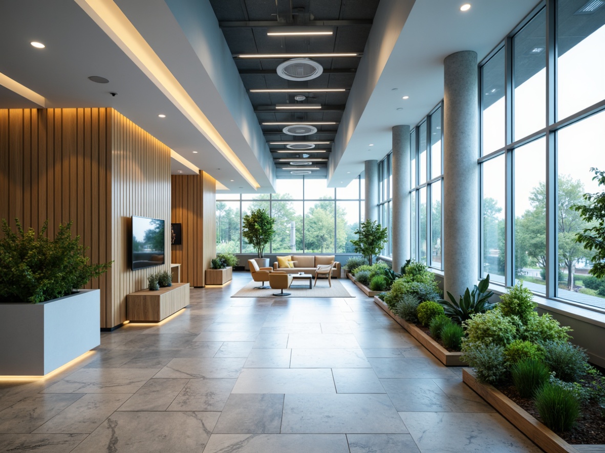 Prompt: Modern office interior, corporate atmosphere, calming blue tones, crisp white accents, warm beige woodwork, natural stone flooring, sleek metal furniture, vibrant greenery, floor-to-ceiling windows, abundant natural light, soft overhead lighting, 3/4 composition, realistic textures, ambient occlusion.