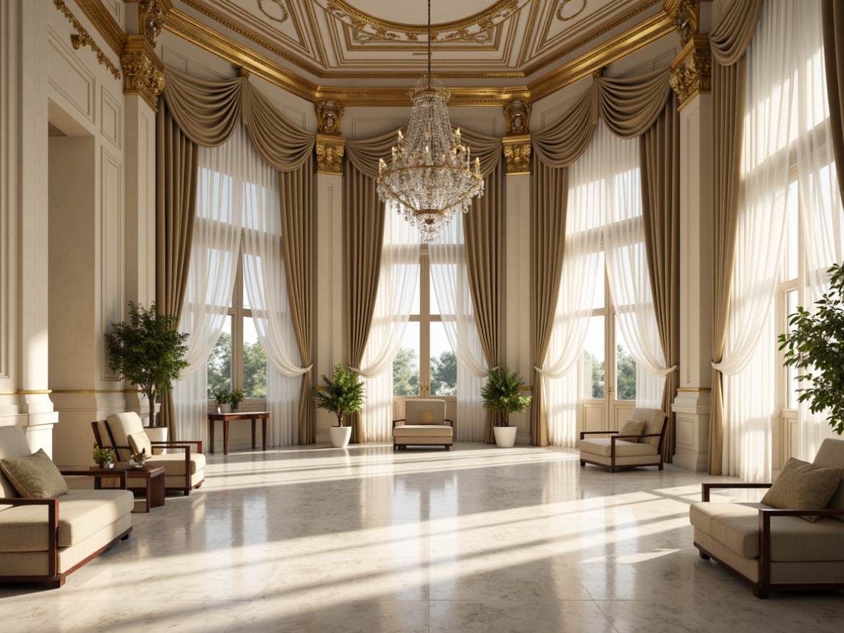 Prompt: Elegant neoclassical interior, rich cream walls, ornate gold molding, luxurious velvet drapes, crystal chandeliers, polished marble floors, sophisticated neutral tones, warm beige accents, soft sage greenery, subtle ivory hues, majestic columns, intricate fresco ceilings, abundant natural light, delicate lace curtains, refined satin fabrics, understated metallic highlights, harmonious balance of warm and cool colors, 1/2 composition, softbox lighting, realistic textures.