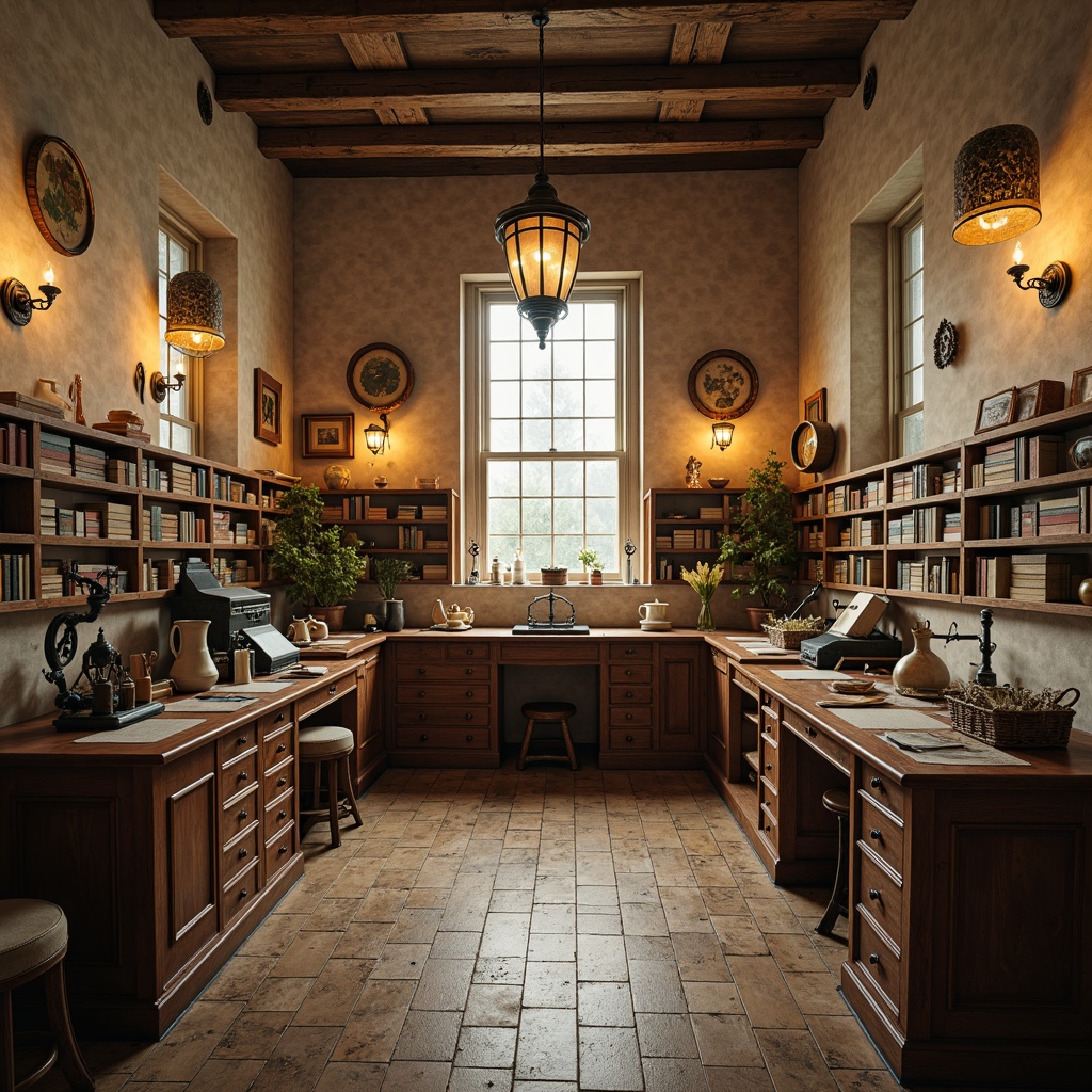 Prompt: Vintage laboratory, distressed wooden furniture, ornate metal fixtures, soft warm lighting, pendant lamps, candlelight ambiance, rustic stone walls, worn leather bound books, antique scientific instruments, pastel color palette, floral patterns, lace textures, elegant chandeliers, warm beige tones, natural fabrics, subtle shadows, shallow depth of field, 1/1 composition, realistic rendering.