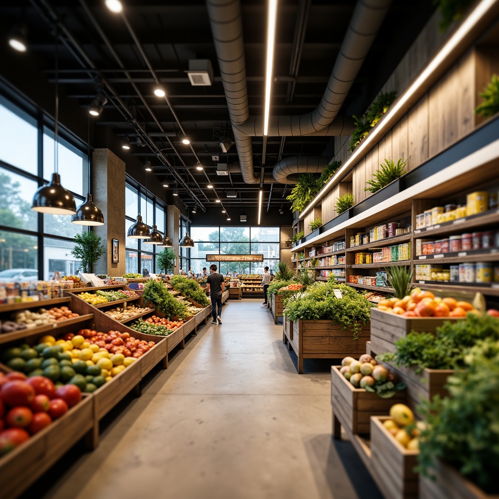 Prompt: Well-lit grocery store interior, warm and inviting atmosphere, soft overhead lighting, LED shelf strips, decorative pendant lights, natural daylight, large windows, sleek modern fixtures, polished chrome accents, elegant signage, fresh produce displays, vibrant color scheme, abundant greenery, bustling shopping aisles, shallow depth of field, 1/2 composition, softbox lighting, realistic textures, ambient occlusion.