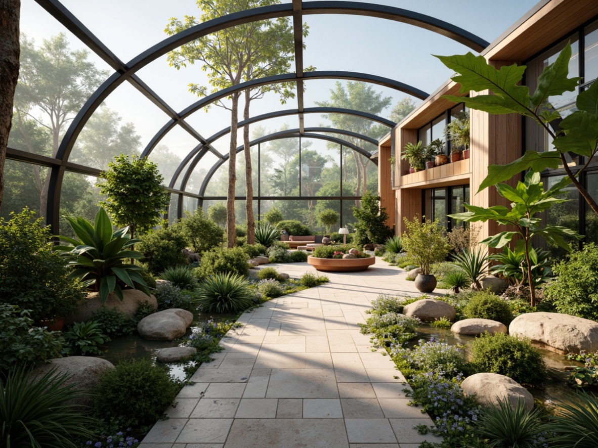 Prompt: Minimalist greenhouse interior, lush greenery, tropical plants, natural stone flooring, reclaimed wood accents, curved lines, organic shapes, transparent glass walls, futuristic metal framework, eco-friendly materials, sustainable energy solutions, solar panels, rainwater harvesting systems, misting systems, soft warm lighting, shallow depth of field, 3/4 composition, panoramic view, realistic textures, ambient occlusion.