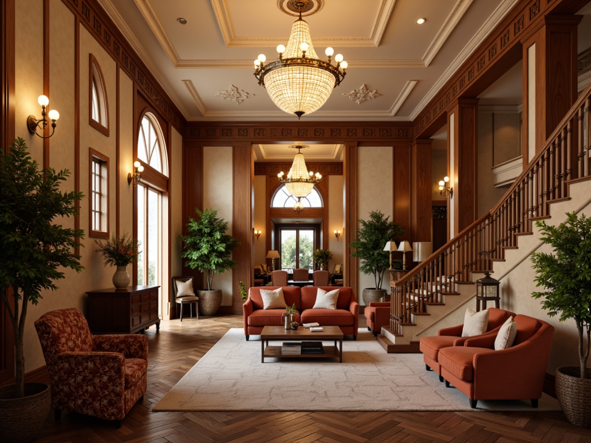 Prompt: Elegant community clubhouse, classicism interiors, ornate chandeliers, rich wood paneling, plush velvet sofas, antique furniture pieces, intricate carvings, warm beige walls, high ceilings, grand staircase, ornamental moldings, luxurious fabrics, soft golden lighting, 1/1 composition, shallow depth of field, realistic textures, ambient occlusion.