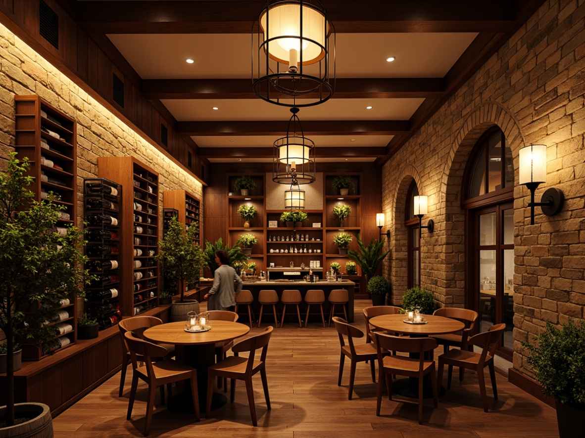 Prompt: Rustic wooden wine racks, earthy stone walls, warm ambient lighting, dimmable pendant lamps, wrought iron chandeliers, soft candlelight, rich wood tones, cozy intimate atmosphere, vintage wine barrels, natural brick arches, elegant metalwork, warm golden hues, dramatic spotlights, subtle LED strips, industrial-chic decor, distressed wooden accents, classic wine-themed accessories.