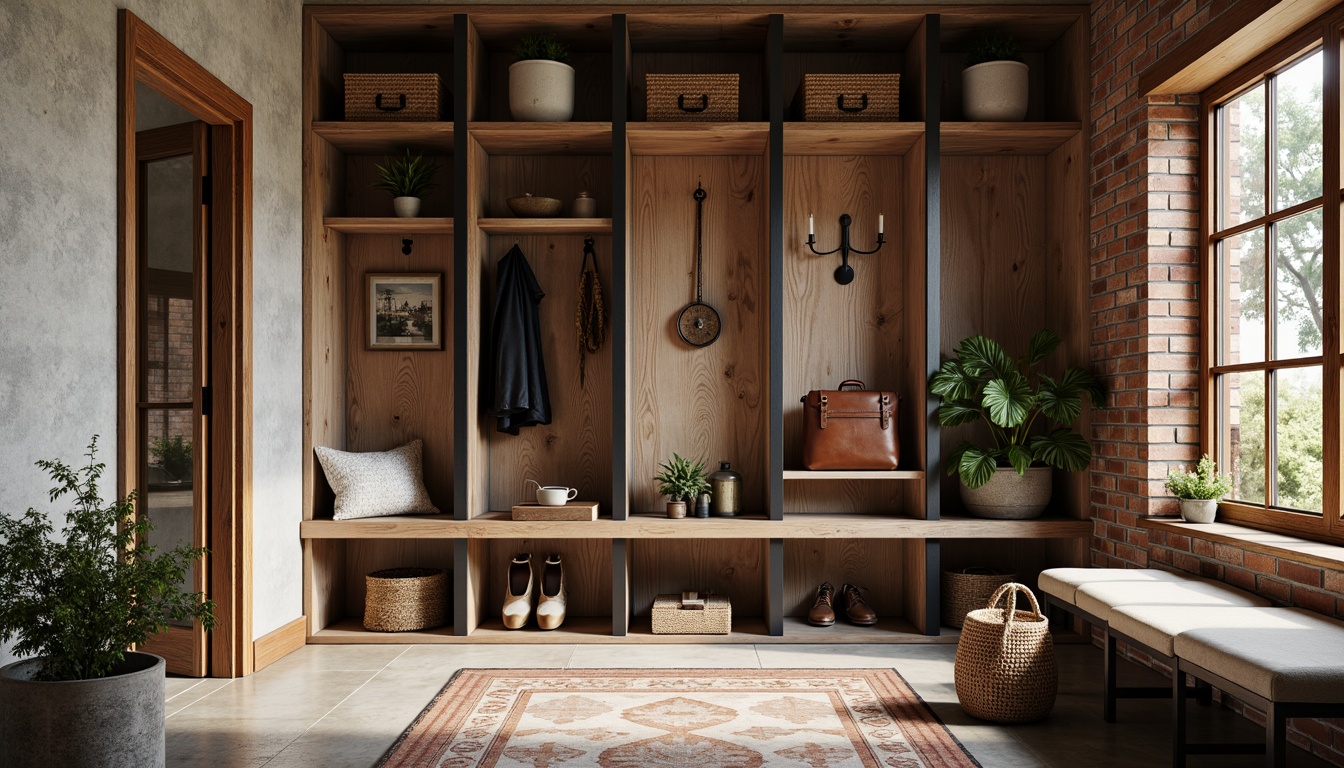 Prompt: Rustic mudroom, postmodernism style, reclaimed wood accents, industrial metal frames, exposed brick walls, polished concrete floors, geometric patterned tiles, matte black hardware, natural stone bench, woven wicker storage, rich brown leather accessories, warm overhead lighting, shallow depth of field, 1/1 composition, realistic textures, ambient occlusion.