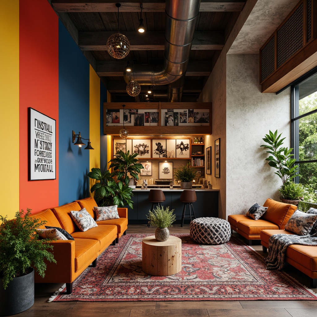 Prompt: Vibrant color-blocked walls, bold geometric patterns, eclectic mix of materials, distressed wood accents, ornate metal fixtures, playful use of arches, irregularly-shaped furniture, lush greenery, abstract artwork, statement lighting fixtures, bold typography, tactile rug textures, chunky throw blankets, industrial-chic decor, exposed ductwork, reclaimed wood floors, decorative screen partitions, whimsical decorative accessories, warm cozy atmosphere, soft diffused lighting, 1/1 composition, realistic reflections.