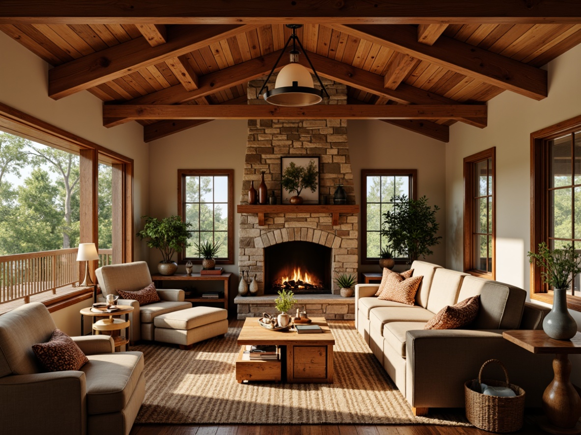 Prompt: Cozy craftsman living room, warm earthy tones, wooden beam ceilings, rustic wooden furniture, natural stone fireplaces, rich textiles, vintage metal lighting fixtures, warm golden lighting, softbox shadows, shallow depth of field, 1/1 composition, realistic wood grain textures, ambient occlusion.