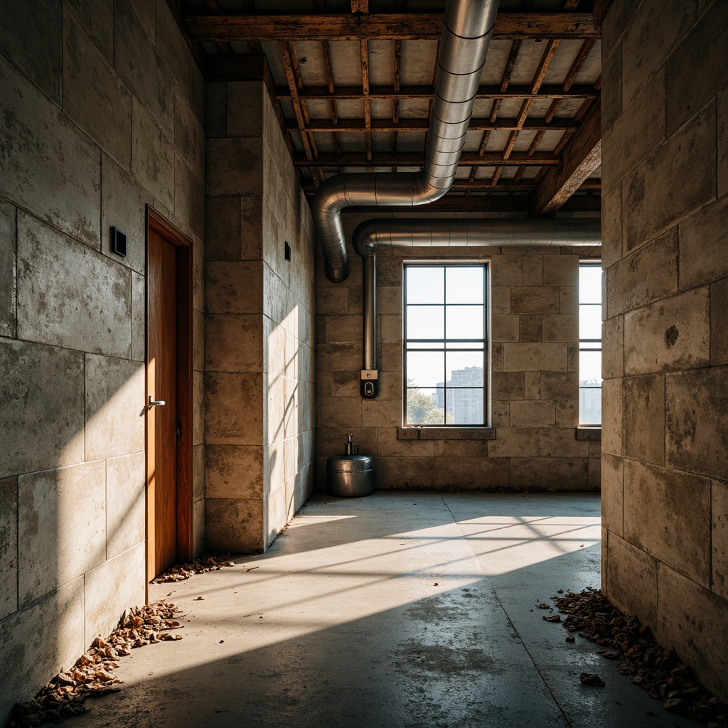 Prompt: Distressed concrete walls, rugged stone textures, earthy color palette, industrial-style metal beams, exposed ductwork, urban loft atmosphere, high-ceilinged space, natural light pouring in, warm atmospheric lighting, shallow depth of field, 2/3 composition, cinematic camera angles, realistic material reflections, ambient occlusion, gritty urban vibe.