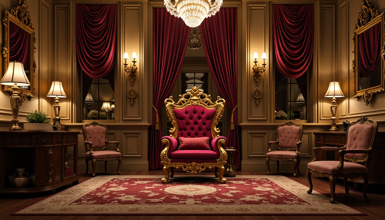 Prompt: Ornate throne chair, velvet upholstery, golden accents, intricately carved wooden legs, crystal chandelier, lavish drapery, richly patterned rug, gilded mirrors, ornamental vases, grandiose scale, opulent fabrics, dramatic lighting, warm earthy tones, classical proportions, intricate moldings, luxurious textiles, 1/2 composition, shallow depth of field, soft warm glow, realistic reflections.