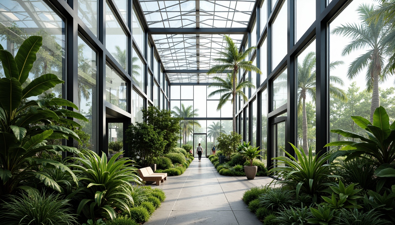 Prompt: Sleek greenhouse, transparent glass walls, minimalist steel frames, lush greenery, tropical plants, natural ventilation, automated irrigation systems, modern simplicity, monochromatic color scheme, industrial materials, reclaimed wood accents, abundant natural light, soft diffused lighting, shallow depth of field, 1/1 composition, realistic plant textures, ambient occlusion.