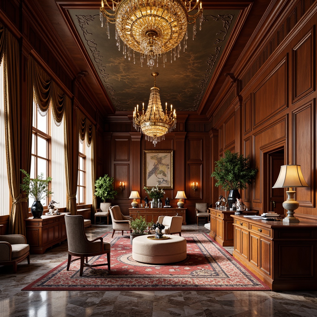 Prompt: Opulent office, rich wood tones, ornate furnishings, carved wooden desks, velvet upholstery, gilded accents, crystal chandeliers, grandiose architecture, high ceilings, marble floors, intricate moldings, luxurious textiles, regal colors, majestic ambiance, dramatic lighting, warm golden hues, lavish decorations, exquisite craftsmanship, refined elegance.