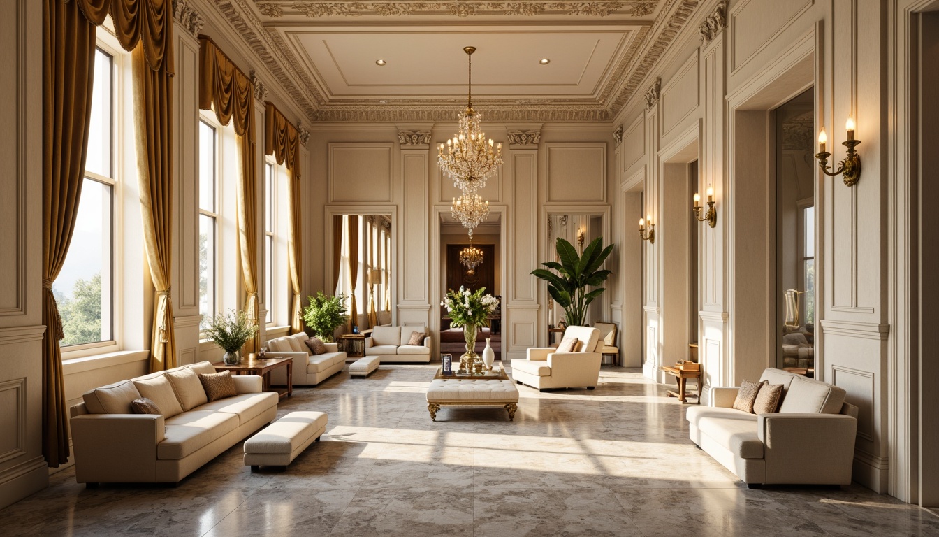 Prompt: Richly ornate Neoclassical interior, warm beige walls, creamy white moldings, soft gray marble floors, elegant crystal chandeliers, luxurious velvet fabrics, subtle gold accents, refined bronze details, intricate carvings, symmetrical composition, balanced proportions, soft diffused lighting, warm golden tones, 1/2 composition, shallow depth of field, realistic textures, ambient occlusion.